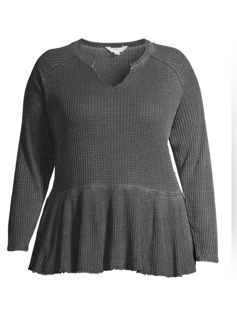 Waffle Knit Peplum Long Sleeve Top - Charcoal Size Large